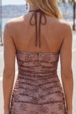 Chocolate Bodycon Halter Neck Ruched Homecoming Dress with Beading