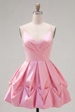 Pink A-Line Spaghetti Straps Ruched Short Homecoming Dress with Lace Up Back