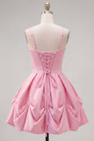 Pink A-Line Spaghetti Straps Ruched Short Homecoming Dress with Lace Up Back