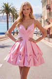 Pink A-Line Spaghetti Straps Ruched Short Homecoming Dress with Lace Up Back