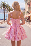 Pink A-Line Spaghetti Straps Ruched Short Homecoming Dress with Lace Up Back