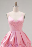 Pink A-Line Spaghetti Straps Ruched Short Homecoming Dress with Lace Up Back
