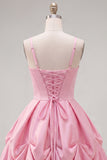 Pink A-Line Spaghetti Straps Ruched Short Homecoming Dress with Lace Up Back