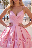 Pink A-Line Spaghetti Straps Ruched Short Homecoming Dress with Lace Up Back