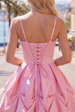 Pink A-Line Spaghetti Straps Ruched Short Homecoming Dress with Lace Up Back