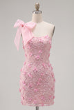 Pink 3D Floral One Shoulder Bow Bodycon Homecoming Dress
