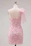 Pink 3D Floral One Shoulder Bow Bodycon Homecoming Dress
