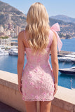 Pink 3D Floral One Shoulder Bow Bodycon Homecoming Dress