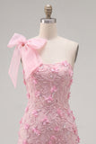 Pink 3D Floral One Shoulder Bow Bodycon Homecoming Dress