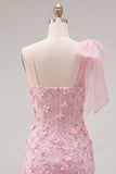 Pink 3D Floral One Shoulder Bow Bodycon Homecoming Dress