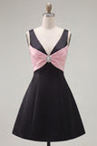 Black Pink A-Line V-Neck Short Homecoming Dress with Rhinestones