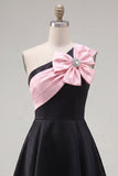 Black Pink A-Line One Shoulder Short Homecoming Dress with 3D Flower