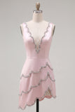 Pink V-Neck Bodycon Asymmetrical Mini Homecoming Dress with Beading