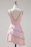 Pink V-Neck Bodycon Asymmetrical Mini Homecoming Dress with Beading