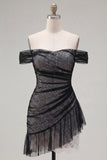 Off the Shoulder Black Tulle Bodycon Asymmetrical Homecoming Dress with Ruffles