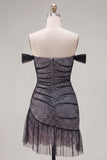 Off the Shoulder Black Tulle Bodycon Asymmetrical Homecoming Dress with Ruffles