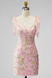 Romantic Pink Sequin Floral Embroidered Homecoming Dress with Bow Straps