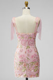 Romantic Pink Sequin Floral Embroidered Homecoming Dress with Bow Straps