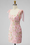 Romantic Pink Sequin Floral Embroidered Homecoming Dress with Bow Straps