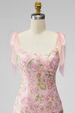 Romantic Pink Sequin Floral Embroidered Homecoming Dress with Bow Straps