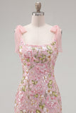 Romantic Pink Sequin Floral Embroidered Homecoming Dress with Bow Straps