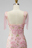 Romantic Pink Sequin Floral Embroidered Homecoming Dress with Bow Straps