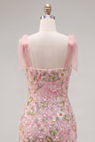 Romantic Pink Sequin Floral Embroidered Homecoming Dress with Bow Straps