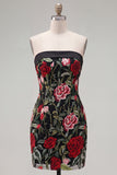 Strapless Red Rose Embroidered Black Bodycon Homecoming Dress