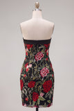 Strapless Red Rose Embroidered Black Bodycon Homecoming Dress