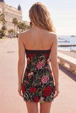 Strapless Red Rose Embroidered Black Bodycon Homecoming Dress