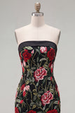Strapless Red Rose Embroidered Black Bodycon Homecoming Dress