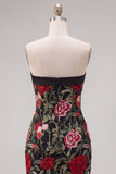 Strapless Red Rose Embroidered Black Bodycon Homecoming Dress