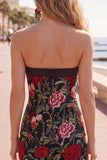 Strapless Red Rose Embroidered Black Bodycon Homecoming Dress