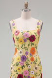 Yellow Square Neck Bodycon Floral Homecoming Dress with Embroidery