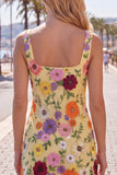 Yellow Square Neck Bodycon Floral Homecoming Dress with Embroidery