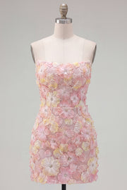Pink Pearl Strapless Floral Bodycon Short Homecoming Dress with Beading