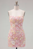 Pink Strapless Floral Short Bodycon Homecoming Dress with Beading