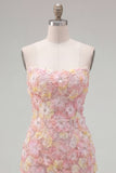Pink Strapless Floral Short Bodycon Homecoming Dress with Beading