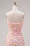 Pink Strapless Floral Short Bodycon Homecoming Dress with Beading