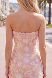 Pink Strapless Floral Short Bodycon Homecoming Dress with Beading