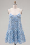 A-Line Blue Spaghetti Straps 3D Floral Homecoming Dress with Beading