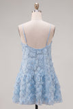 A-Line Blue Spaghetti Straps 3D Floral Homecoming Dress with Beading