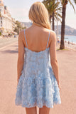 A-Line Blue Spaghetti Straps 3D Floral Homecoming Dress with Beading