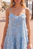 A-Line Blue Spaghetti Straps 3D Floral Homecoming Dress with Beading
