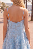 A-Line Blue Spaghetti Straps 3D Floral Homecoming Dress with Beading