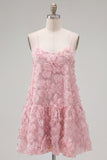 A-Line Blue Spaghetti Straps 3D Floral Homecoming Dress with Beading