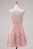 A-Line Blue Spaghetti Straps 3D Floral Homecoming Dress with Beading