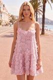 A-Line Blue Spaghetti Straps 3D Floral Homecoming Dress with Beading