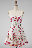 Pink Red Flower A-Line Spaghetti Straps Short Homecoming Dress with Embroidery