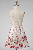Pink Red Flower A-Line Spaghetti Straps Short Homecoming Dress with Embroidery